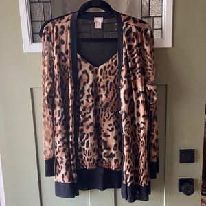 Chico's Leopard Print Mesh Tank Top Sz 1 M and Cardigan Sz 2 L Set Exc Cond